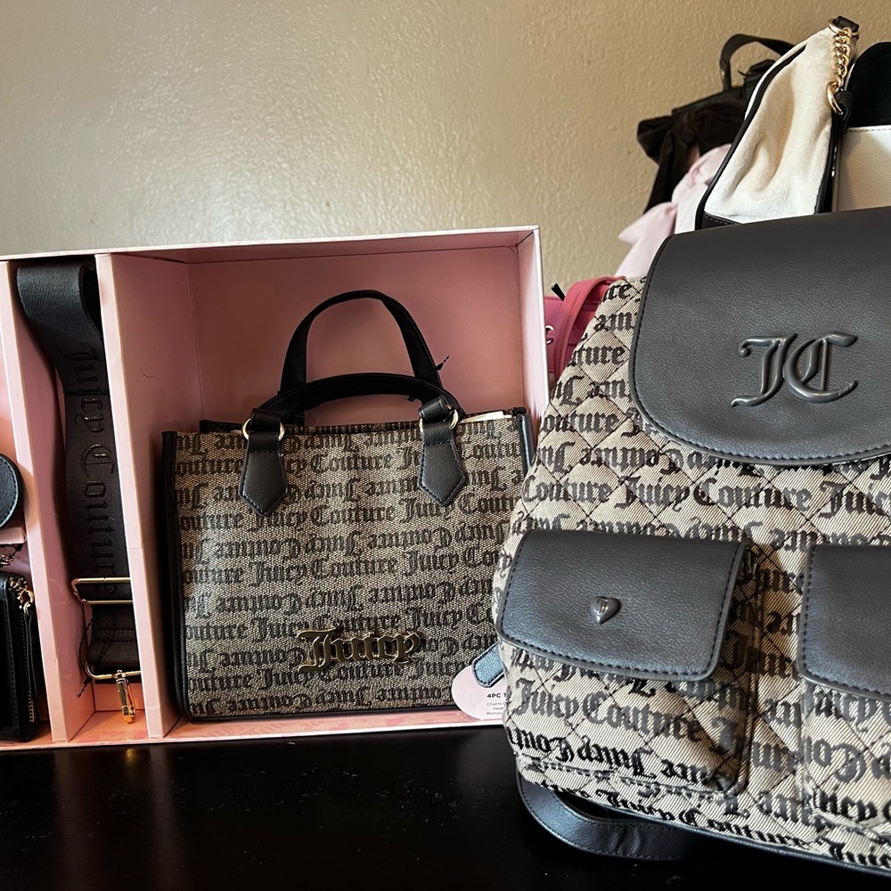 Juicy Couture Black and Beige Monogram Tote & Backpack Set
